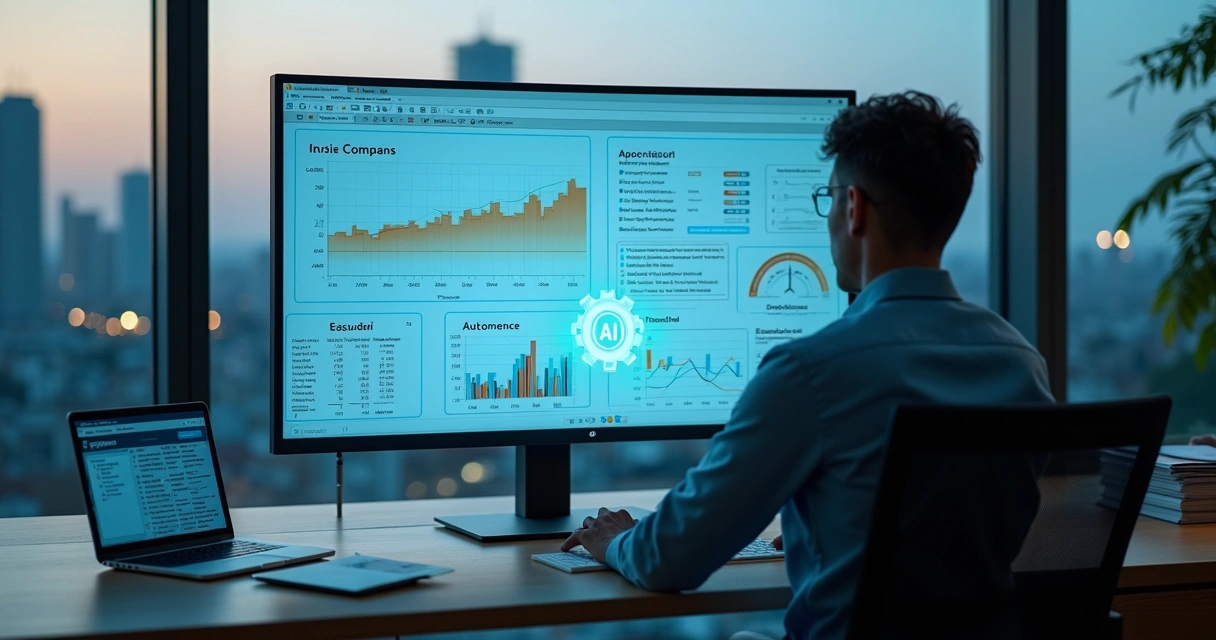 Profissional analisando painel fiscal digital com ícones de IA e automação