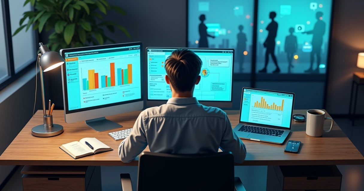 Empresário comparando soluções de atendimento com IA em telas diferentes