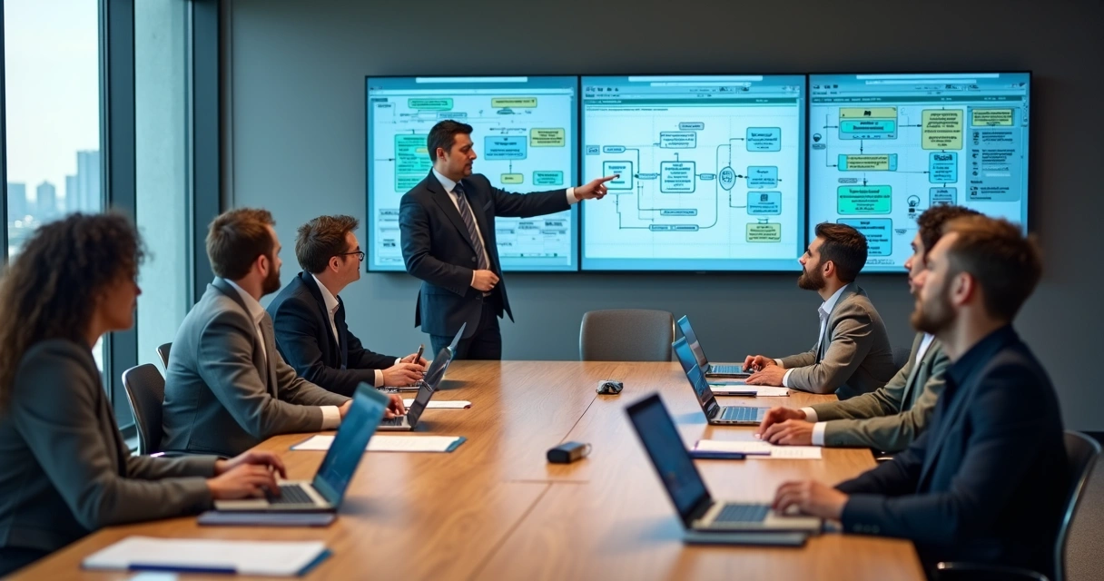 Equipe de negócios analisa painel digital com integrações de IA ao lado de processos tradicionais