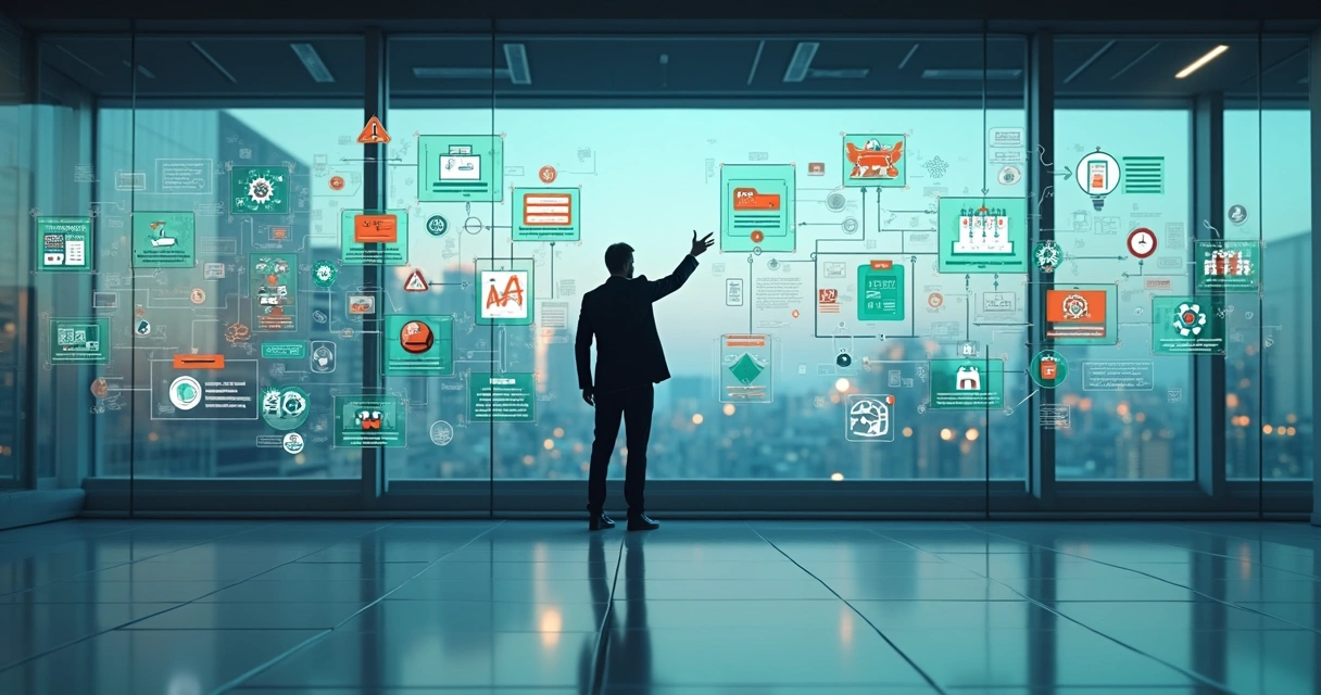 Gestor analisando painéis digitais com fluxos manuais e automatizados lado a lado