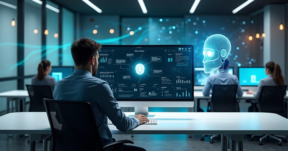 Profissional observando painel digital com chatbot de suporte ao cliente