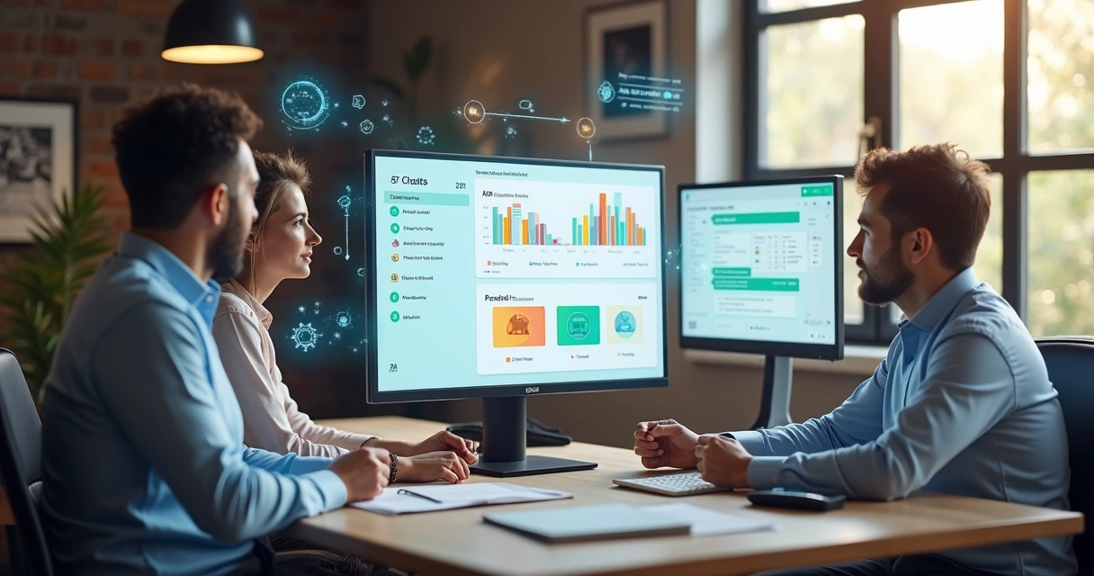 Equipe de pequena empresa avaliando painel de atendimento com IA em telas digitais