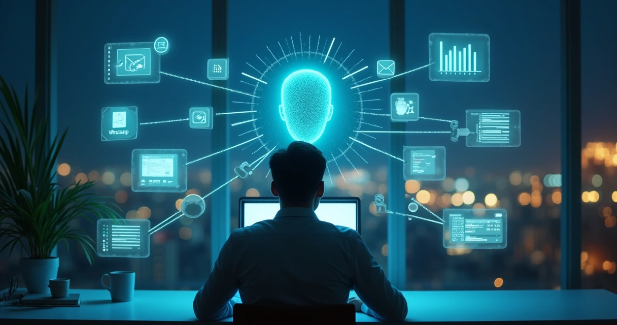 Interface holográfica com ícones de canais e agente de IA atendendo cliente empresarial