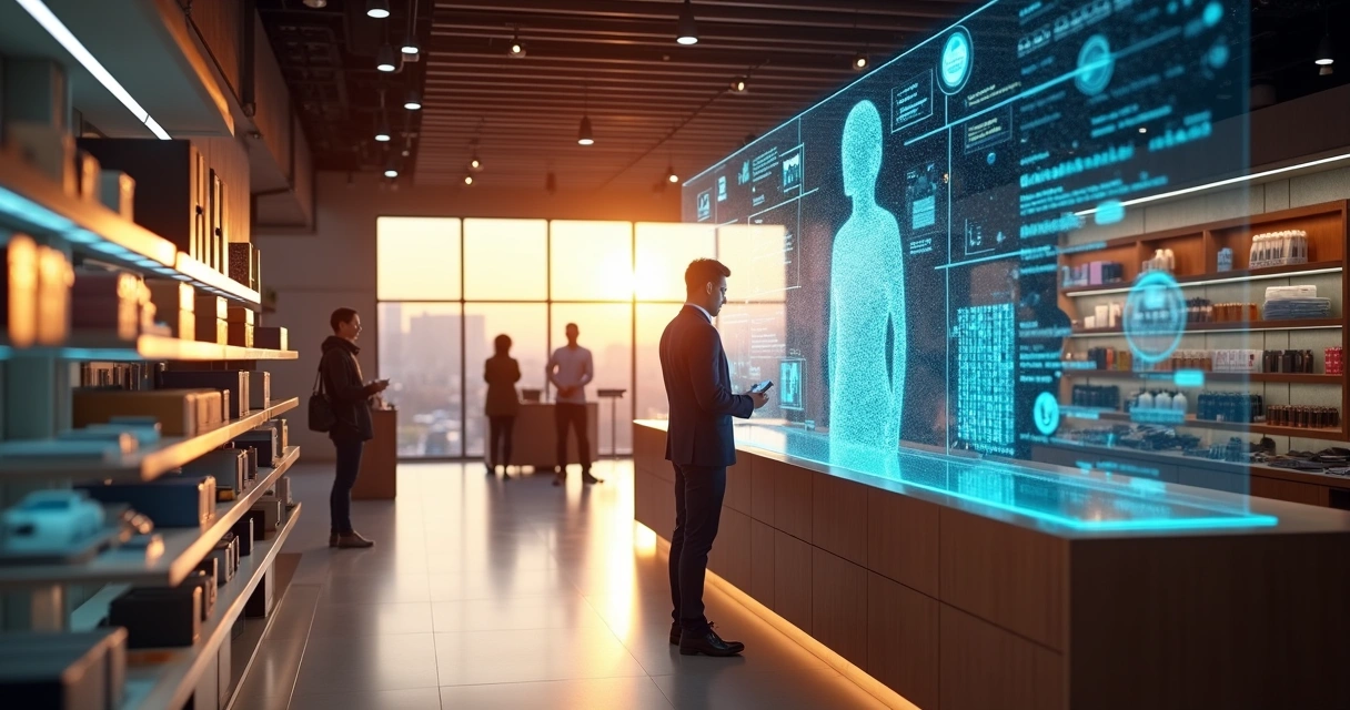 agente-ia-automatizando-vendas-loja-878.webp Holograma de agente de IA apoiando vendedor em loja física enquanto gráficos de vendas digitais aparecem ao redor