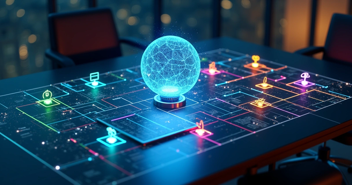 Representação visual de um agente de IA com fluxos conectando áreas de uma empresa