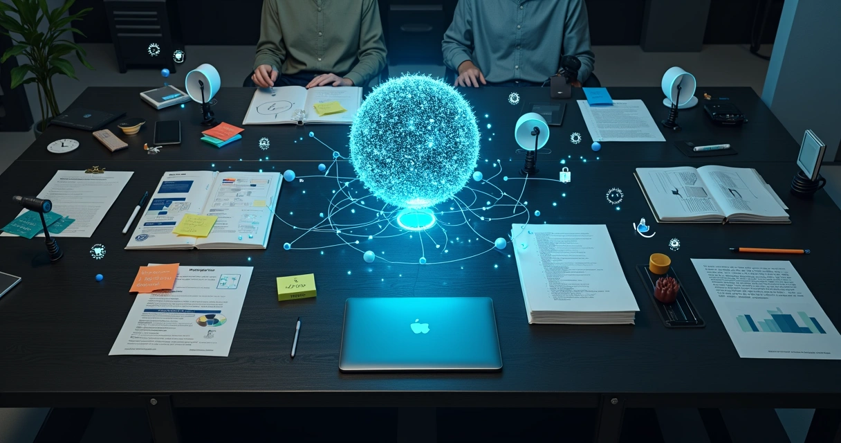 Representação visual de agentes de IA conectando diferentes setores de uma empresa