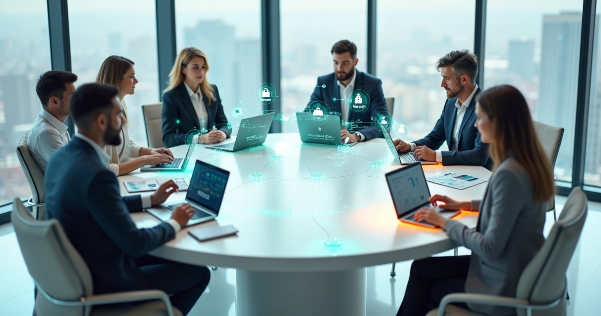 agentes-ia-personalizados-empresa-966.webp Mesa circular com representantes de negócios e avatares digitais de agentes de IA colaborando