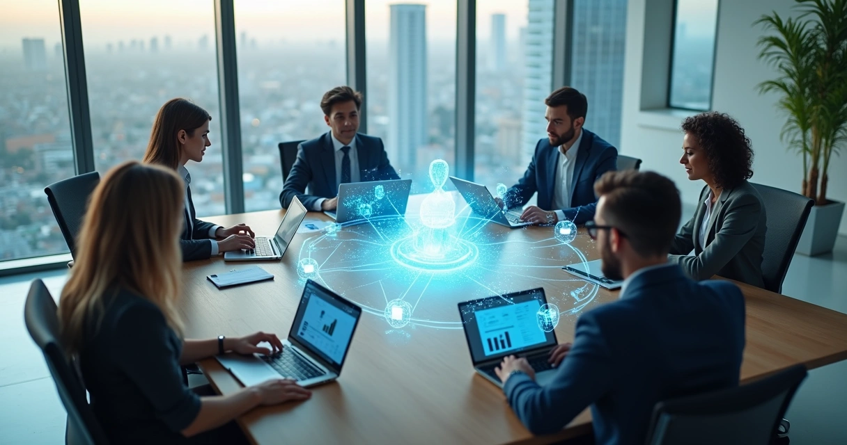 agentes-iaconectando-areas-empresa-57.webp Visão superior de mesa com hologramas de agentes de IA conectando áreas da empresa