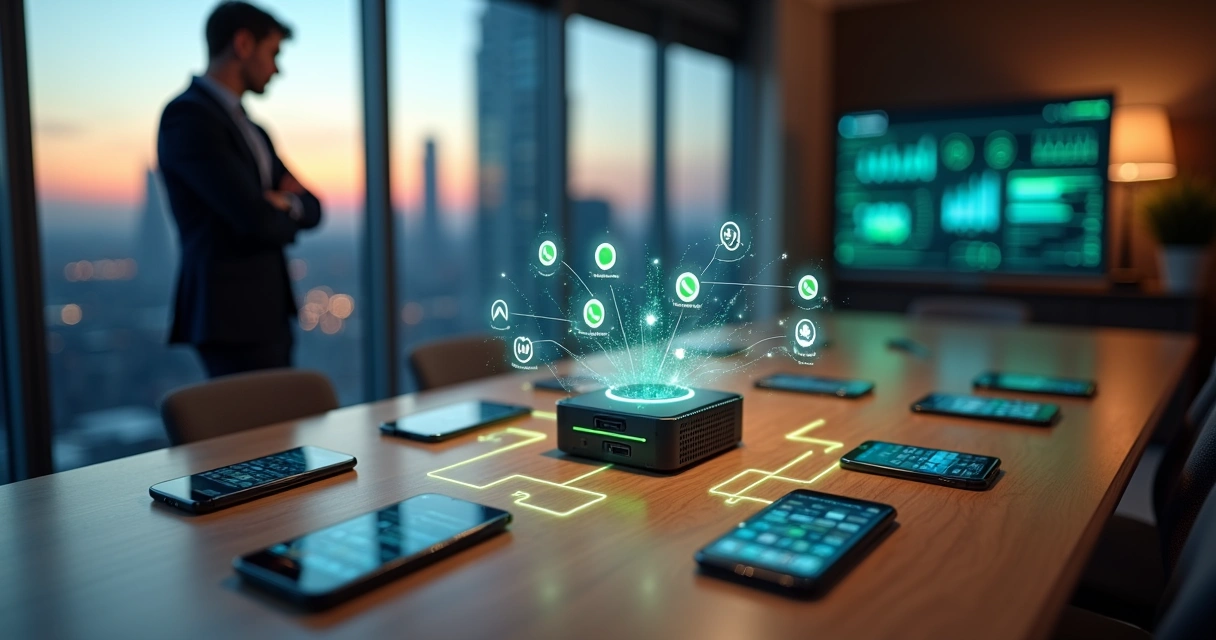 Gestor observa mesa com celulares exibindo fluxos de atendimento automatizado no WhatsApp