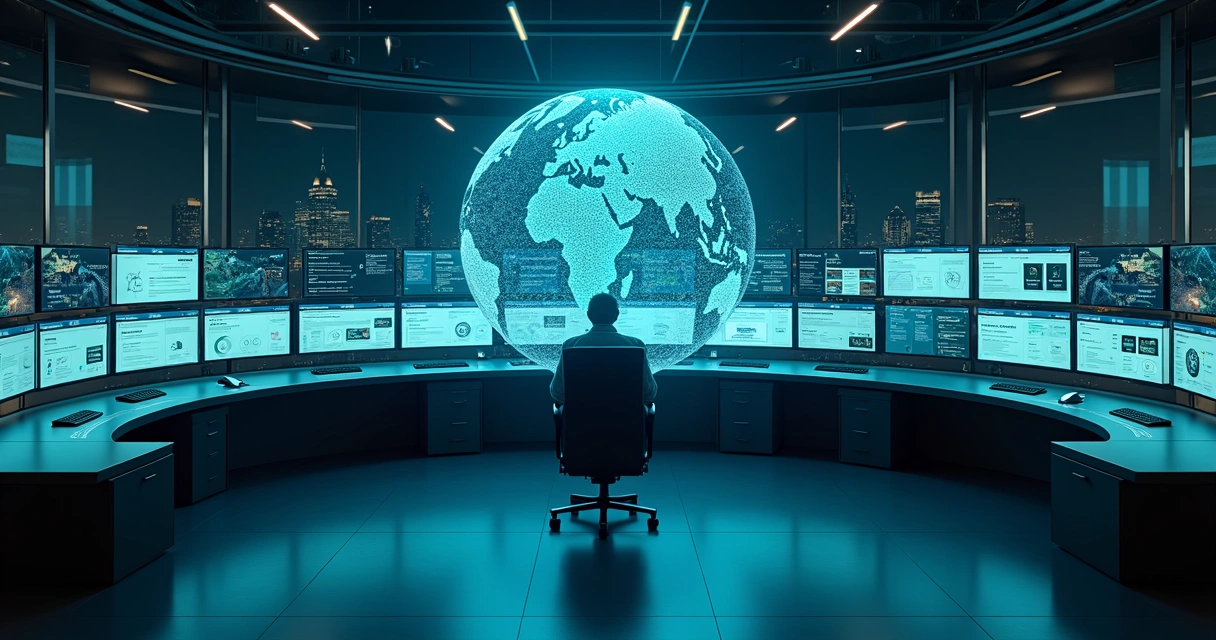 Sala de controle moderna com agentes de IA monitorando atendimento ao cliente em múltiplos painéis digitais