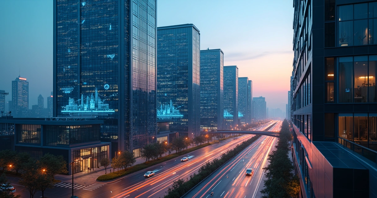 cidade-automacao-ia-317.webp Paisagem futurista de cidade com automação IA integrada em prédios e ruas