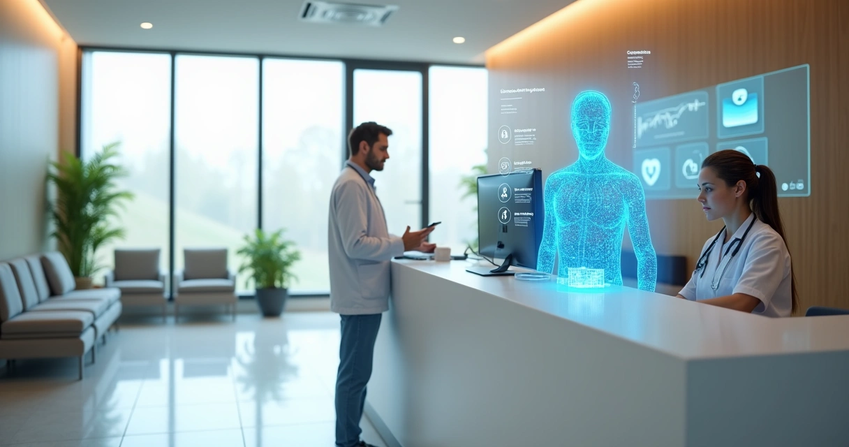 clinica-agente-ia-recepcao-748.webp Recepção de clínica com agente de IA projetado em holograma auxiliando equipe de atendimento