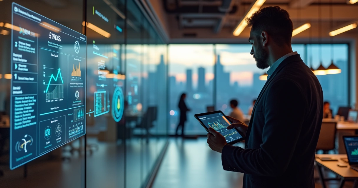 Gestor observando coworking com fluxos automatizados e painel de agente de IA com ChatGPT