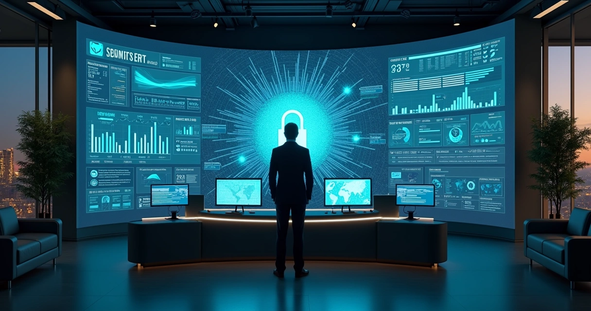 Executivo observa painel de ERP com camadas de inteligência artificial destacadas