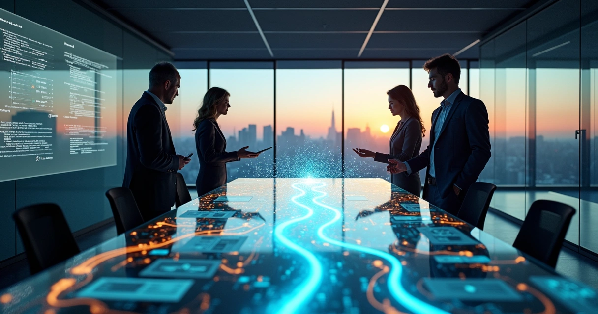 Fluxos digitais conectando sistemas empresariais em escritório moderno