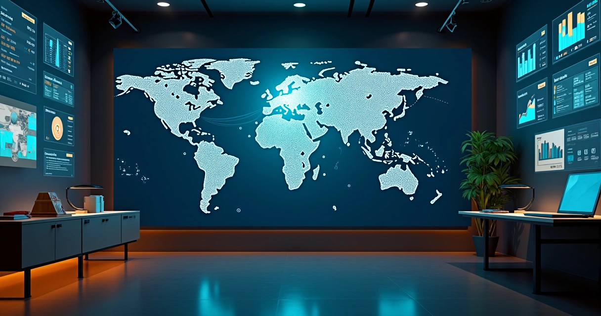 franquia-agente-ia-lojas-conectadas-591.webp Mapa de franquias com lojas conectadas por rede digital com ícones de IA