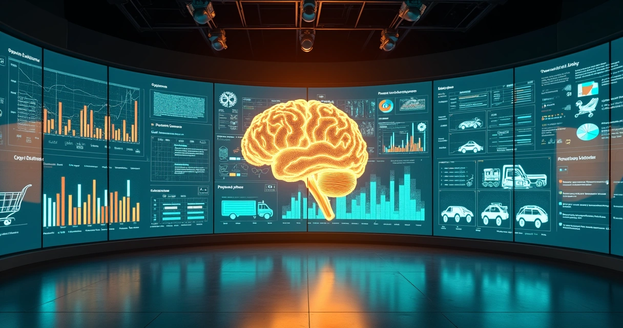 Painel digital com engrenagens de IA ligando dados de vendas e operações