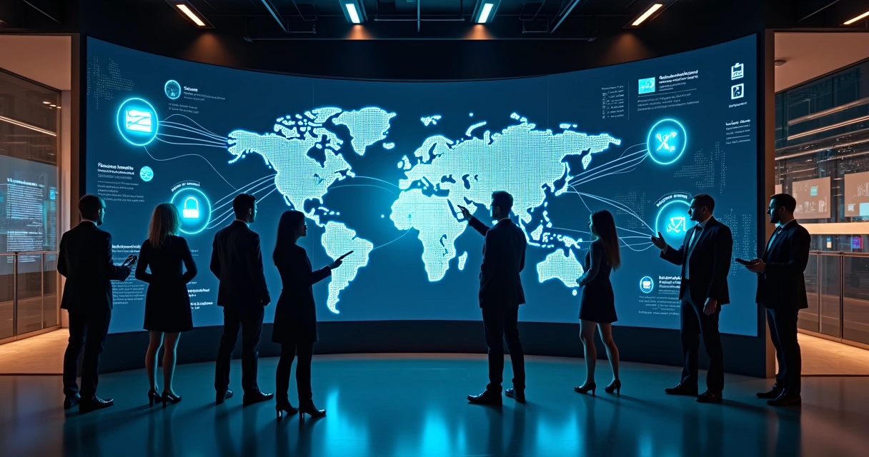Painel digital conectado unindo diversos sistemas empresariais com ícones de IA