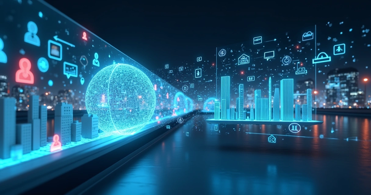 tunel-ia-captacao-leads-b2b-199.webp Agente de IA em túnel digital filtrando leads B2B em ícones de empresas