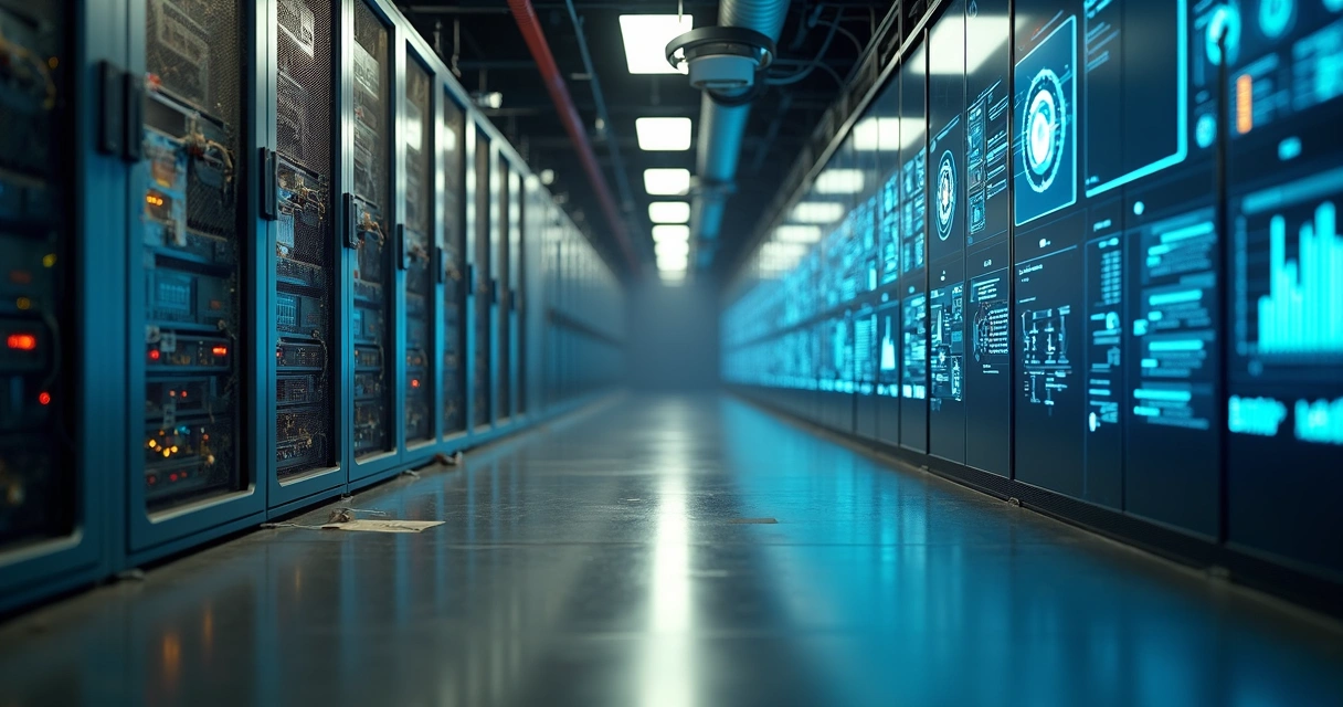 Corredor de servidores antigos dando lugar a painel de IA avançada