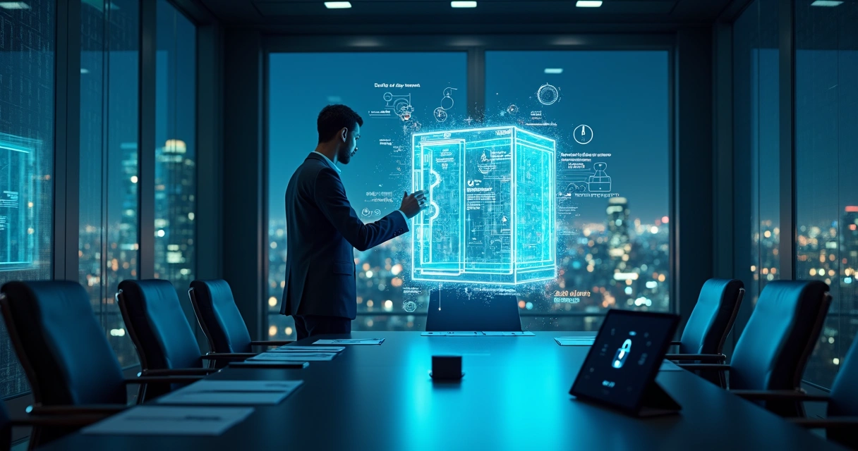 Executivo ajustando cofre digital holográfico com ícones de automação e cadeados