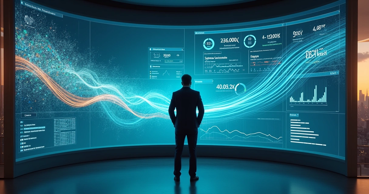 Gestor observa parede digital com fluxo de dados comerciais organizado por IA