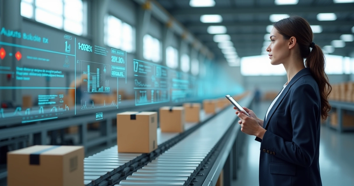 Gestora observa esteira industrial com pequenos gargalos digitais destacados