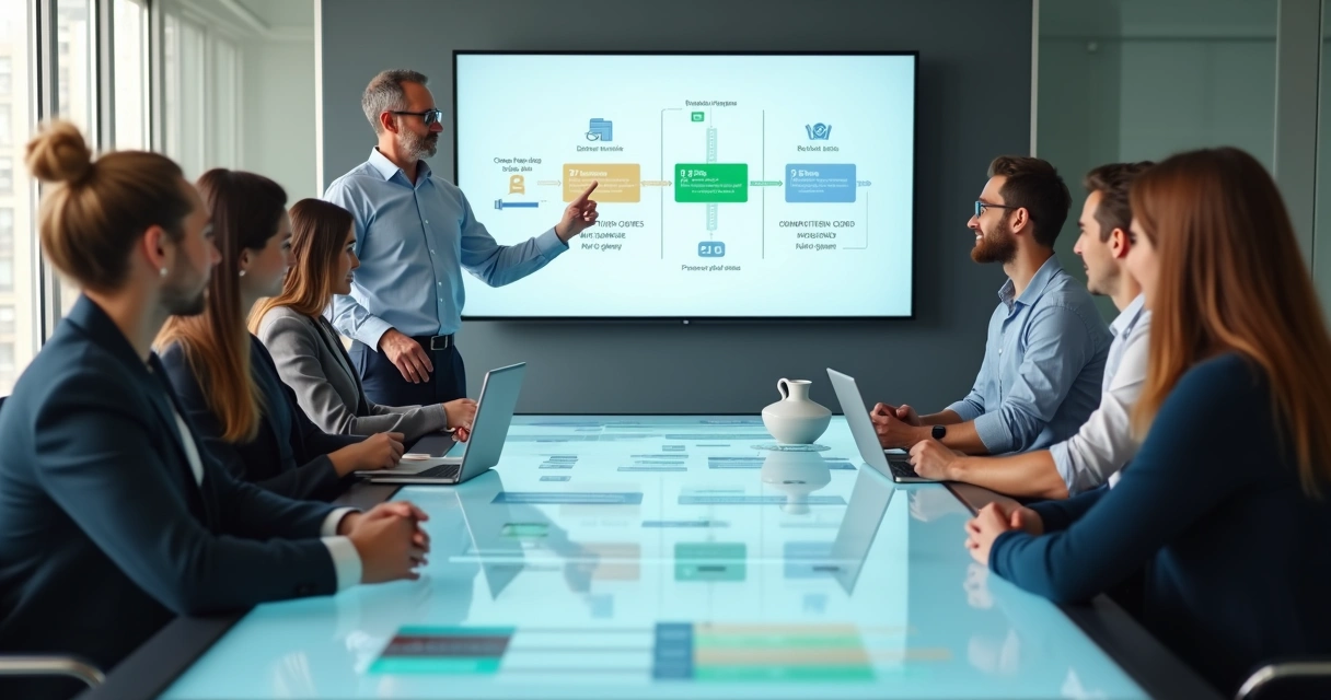 Equipe empresarial em volta de mesa interativa aprendendo sistema de IA na prática