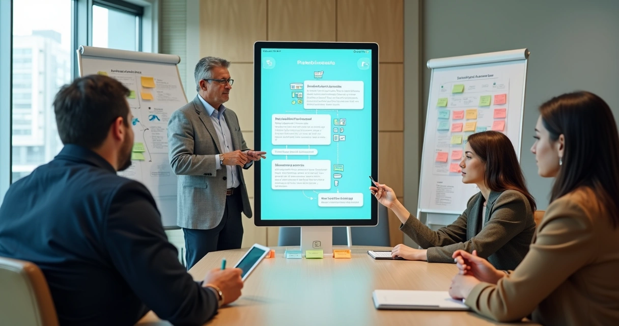 Treinamento de equipe não técnica usando IA com quadros magnéticos e painel digital central