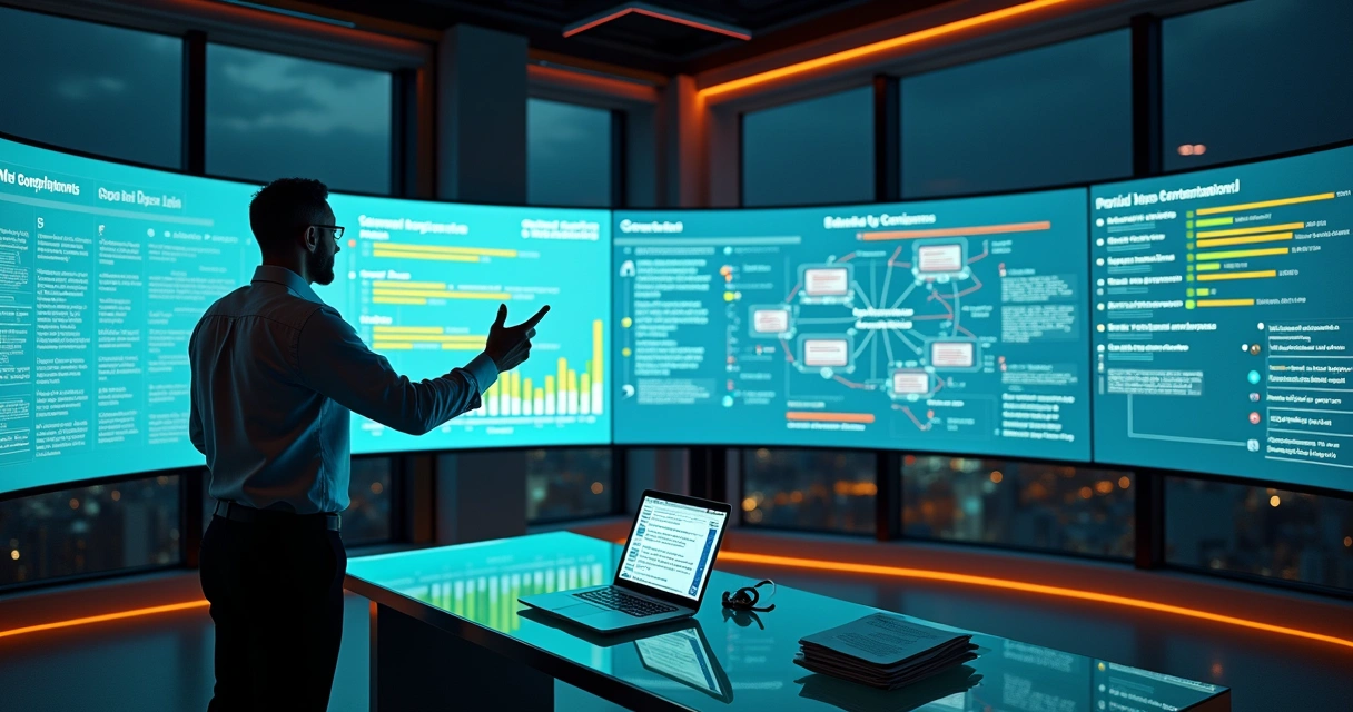 Profissional de vendas analisa painel de vendas com dados de linguagem natural em tela curva