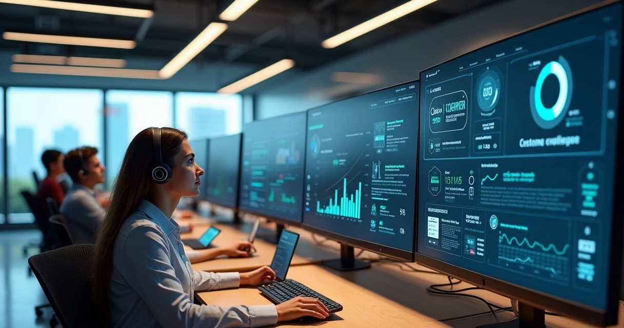 Equipe de vendas em central de atendimento omnichannel com painel de IA analisando clientes