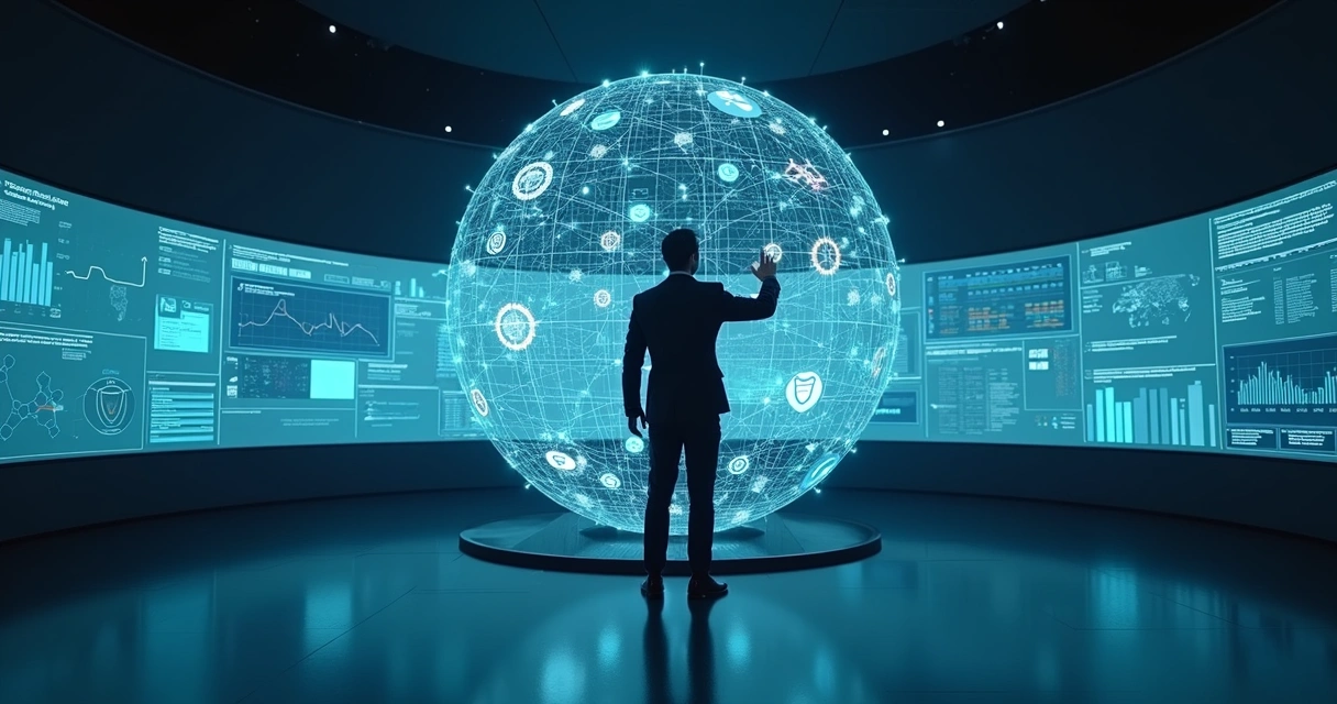 Profissional interage com esfera de dados representando agente inteligente personalizado