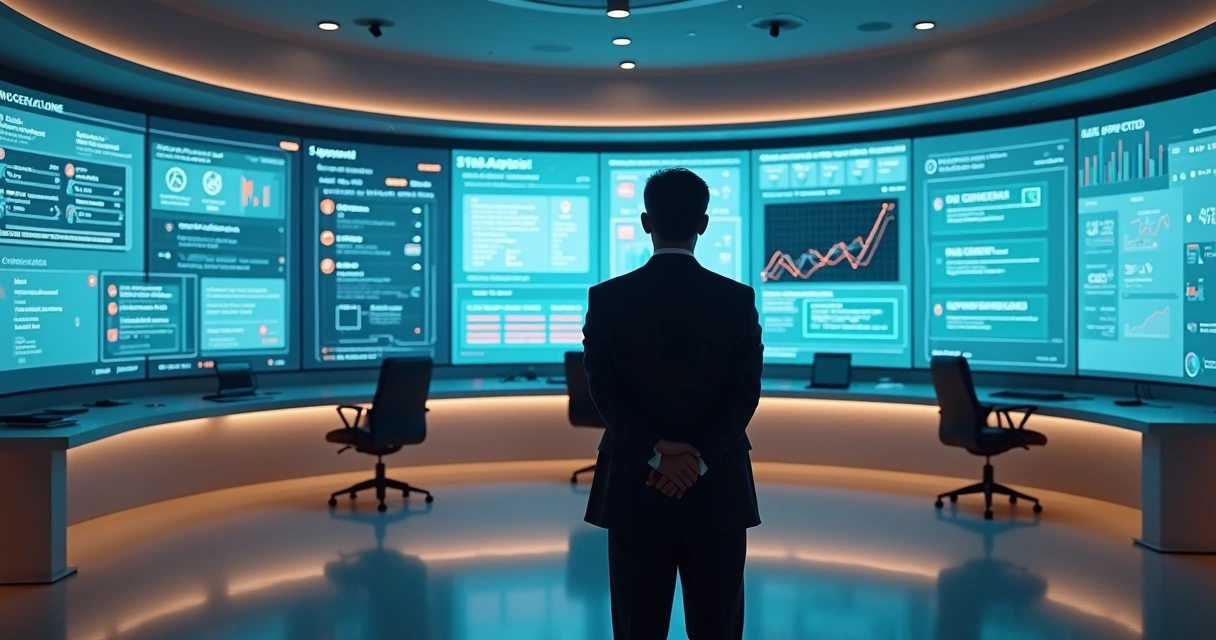 Executivo observa parede de monitores mostrando agentes de IA em atendimento e vendas corporativas