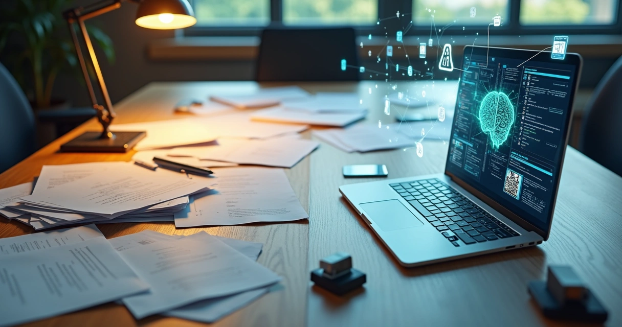 Mesa dividida mostrando lado com papéis manuais e lado com automação de documentos por IA