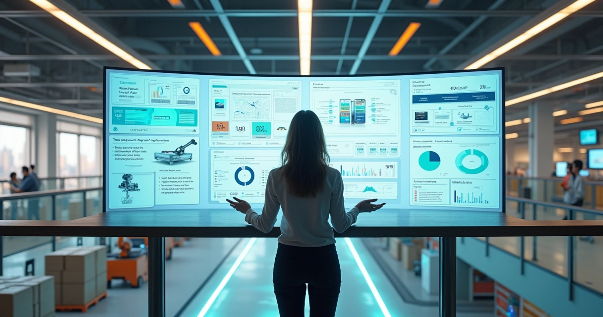 Gestora usando painel de controle para automação inteligente em área mista de logística e escritório.
