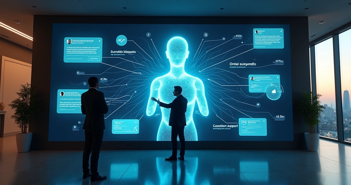 Mural digital exibindo diversos canais de atendimento conectados a um agente de IA no centro