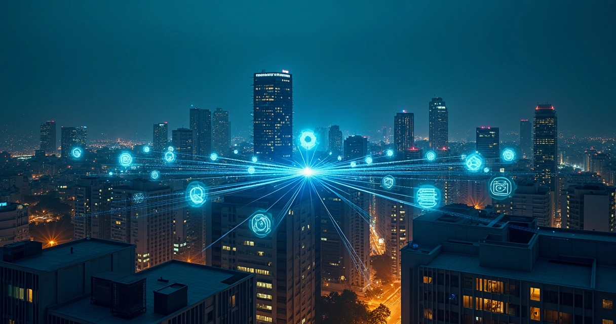 cidade-negocios-agentes-inteligentes-765.webp Paisagem urbana brasileira à noite com prédios conectados por ícones luminosos de agentes inteligentes de IA