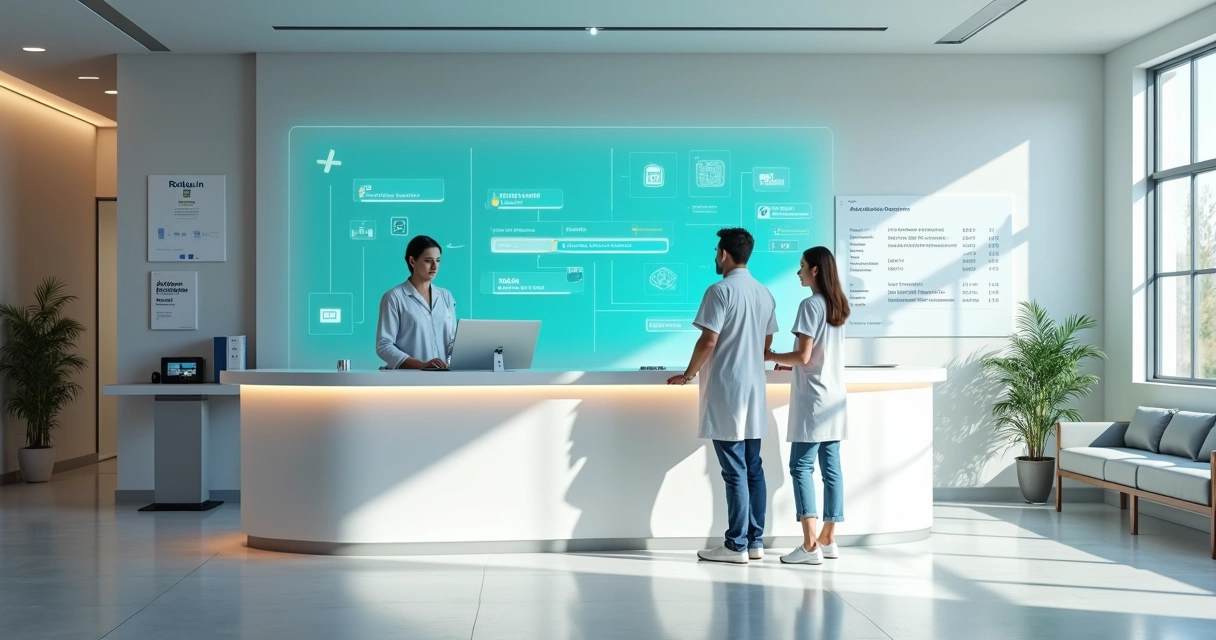 Recepção de clínica médica moderna com agente de IA em holograma ajudando pacientes