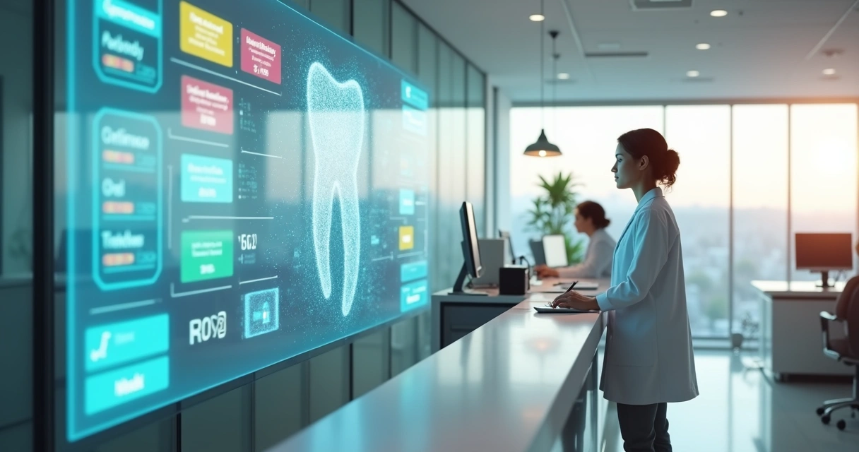 Dentista em consultório odontológico olhando painel digital de agendamentos com assistente de IA holográfico
