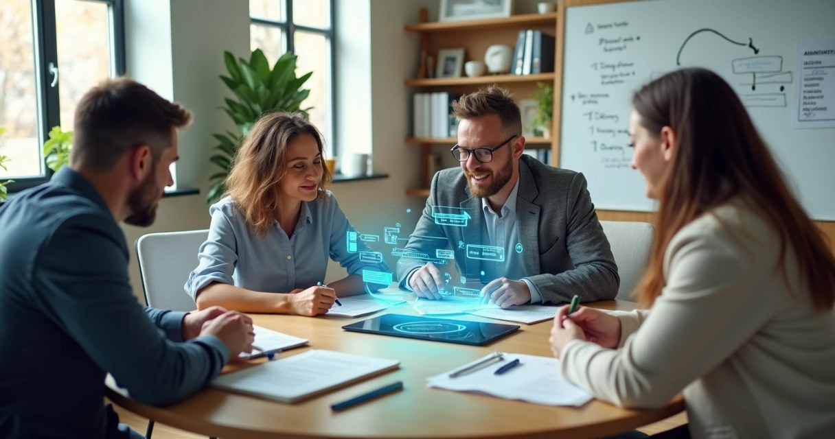 Profissionais de área comercial utilizando assistente de IA em escritório moderno