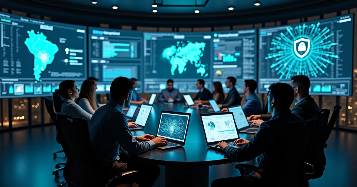 Equipe em sala de guerra analisando painéis de IA privada com dados de negócio