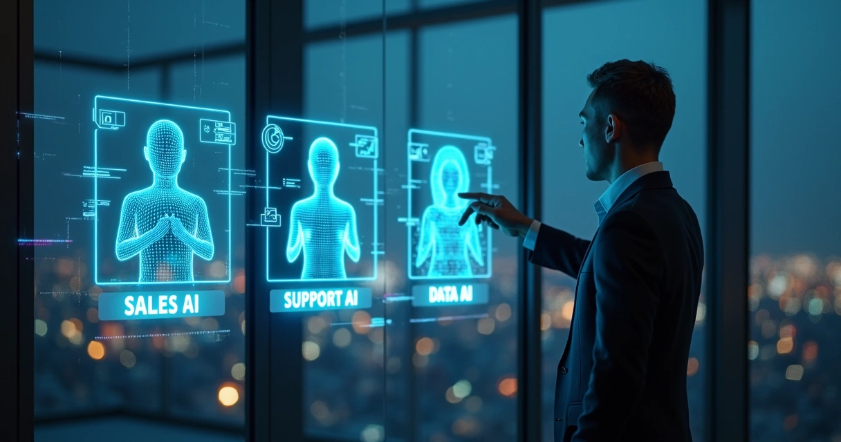 Empresário avaliando um agente de IA em diferentes opções no painel digital