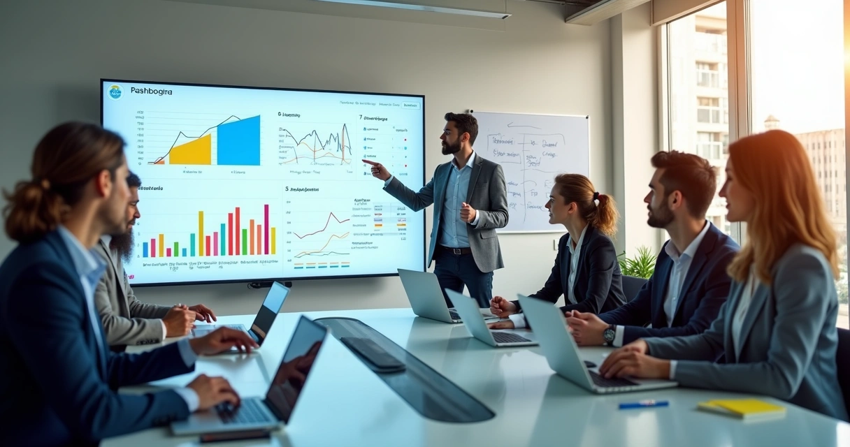 Equipe de vendas diversificada reunida em mesa redonda olhando dashboard de IA com funil de vendas e gráficos