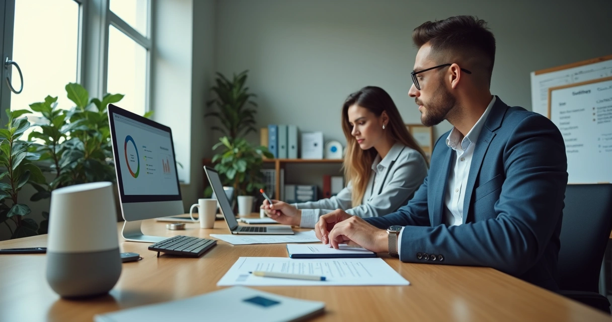 Equipe em escritório tradicional com pequenos elementos de IA integrados de forma discreta