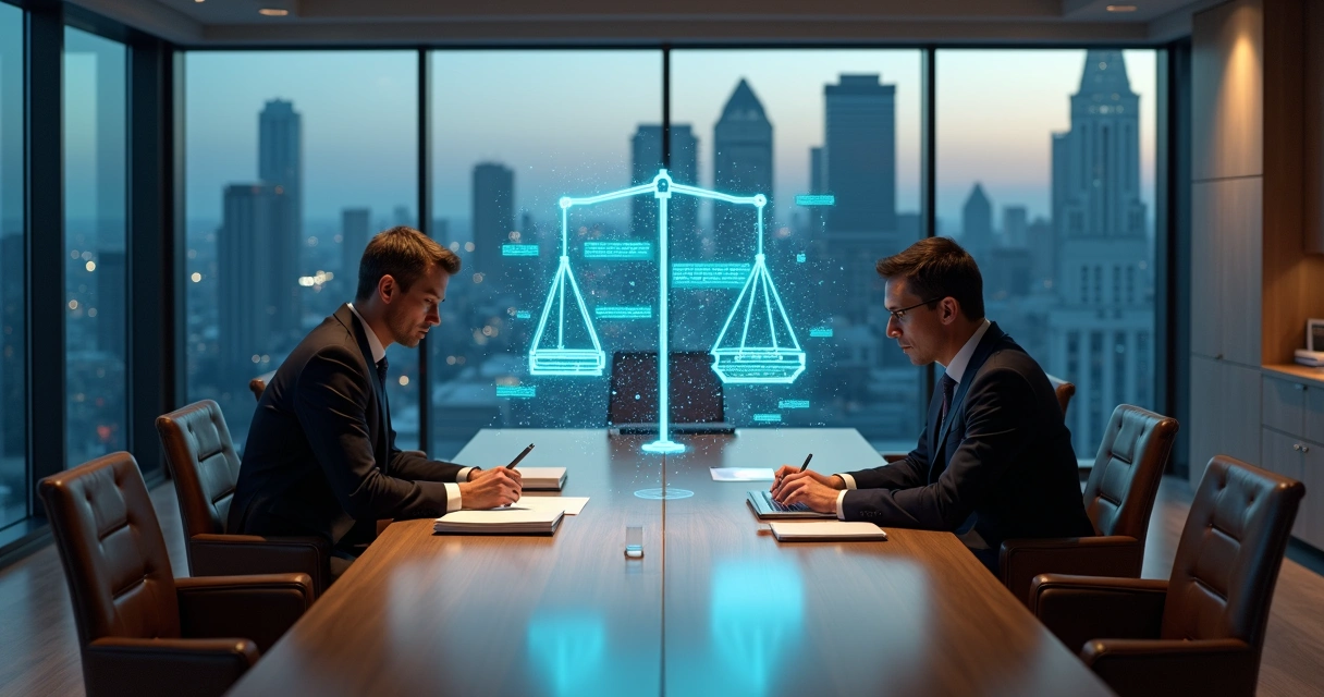Advogados em mesa de reunião analisando contrato com interface de IA holográfica