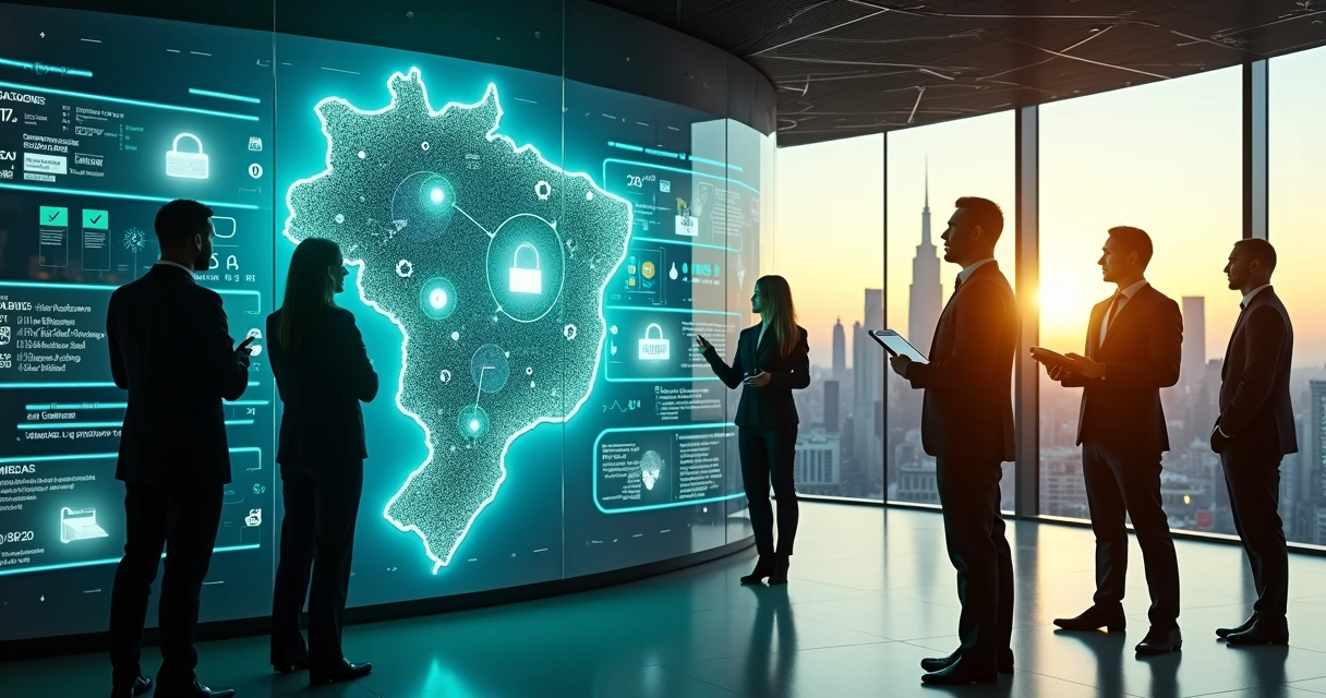 Executivos analisam opções de fornecedores de IA privada em parede digital com mapa do Brasil