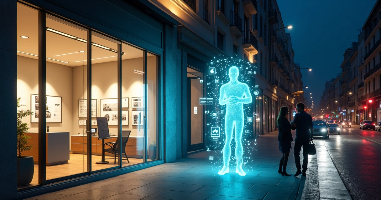 Fachada de imobiliária à noite com vitrine digital de imóveis e elementos de inteligência artificial
