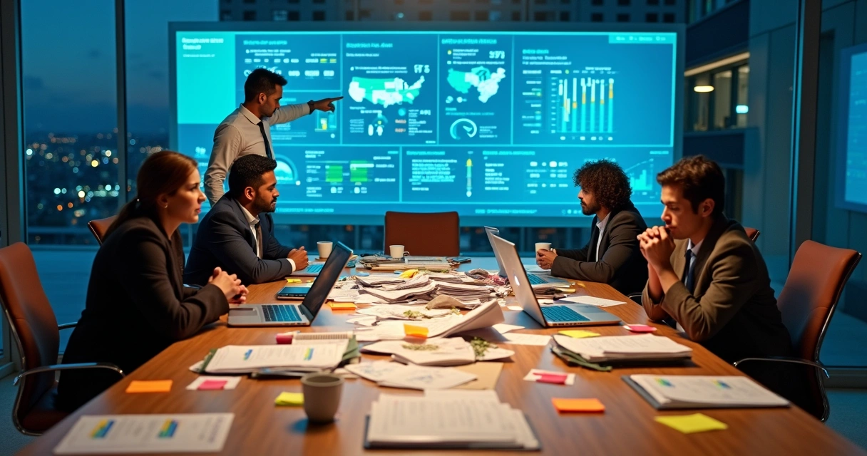 gestores-desorganizados-vs-painel-inteligencia-operacional-655.webp Gestores em sala de reunião desorganizada contrastando com painel digital de inteligência operacional ao fundo