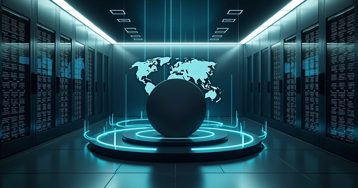 ia-generativa-privada-servidor-sala-cofre-675.webp Sala de servidor estilo cofre com dados fluindo para IA central