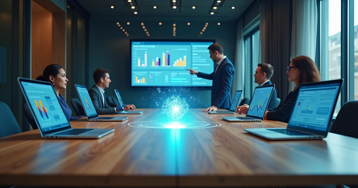 Gestor de vendas observa telas integradas de CRM e inteligência artificial em mesa de trabalho moderna